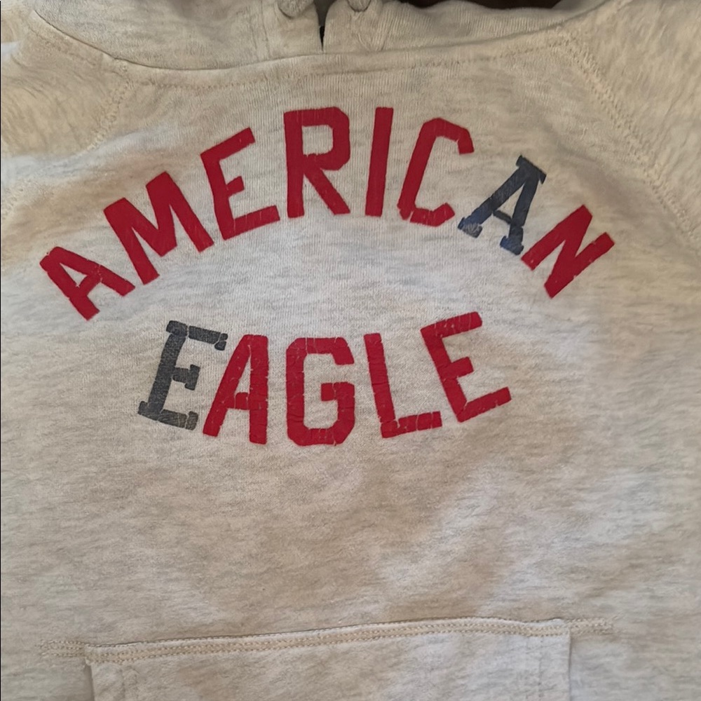 American Eagle Gray Hoodie with Red and Blue Letters